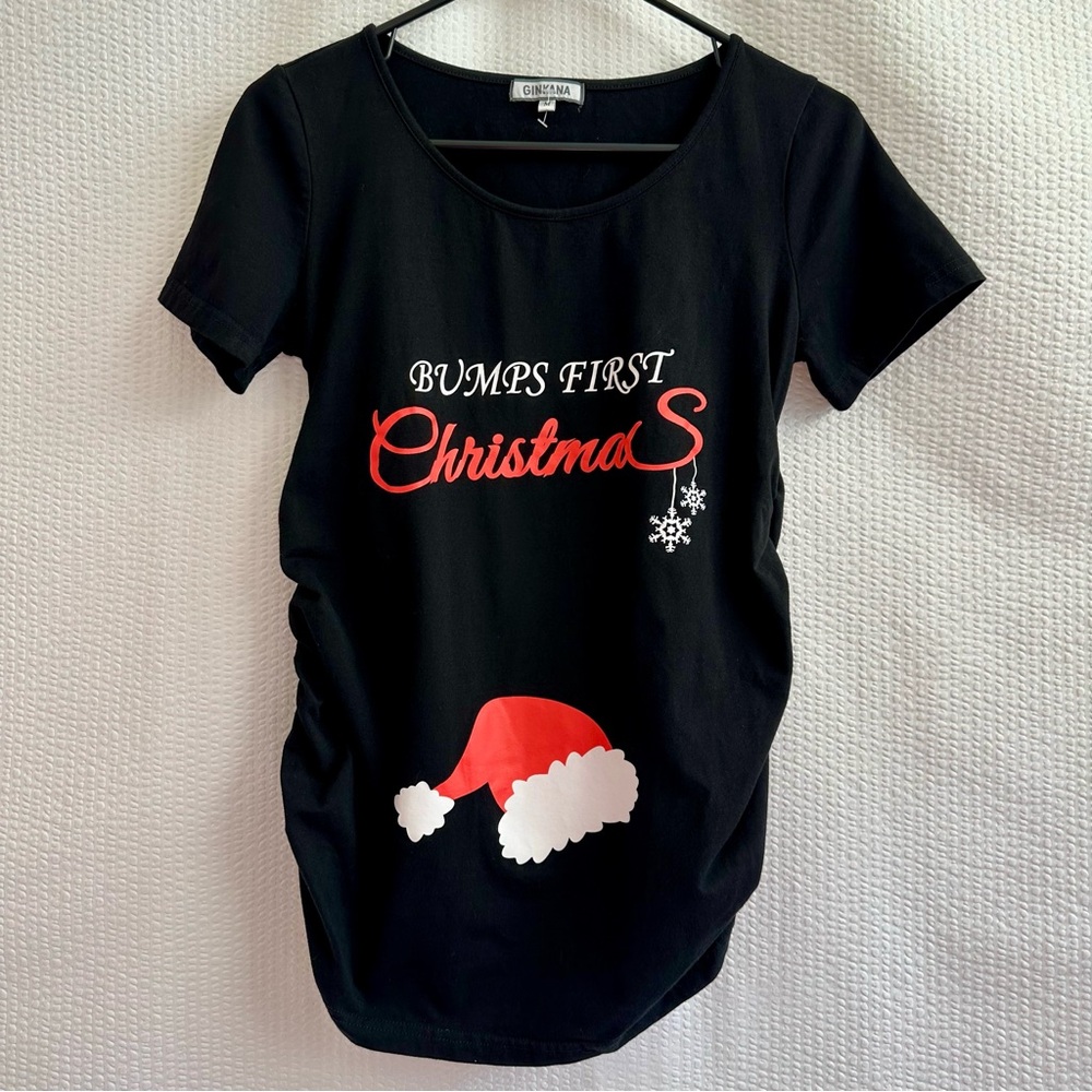GINKANA Black Maternity Christmas Tee Women’s Medium Bump’s First Christmas NWOT